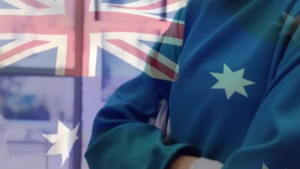 Animação Bandeira Austrália Acenando Sobre Cirurgião Sala Operações Medicina Global — Vídeo de Stock