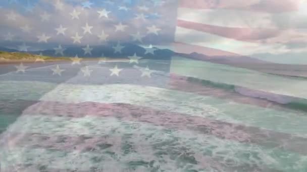 Composición Digital Ondearnos Bandera Contra Vista Aérea Playa Mar Concepto — Vídeo de stock