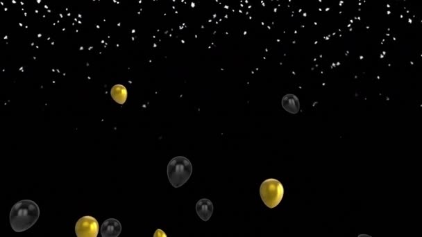 Animation Von Goldenen Und Schwarzen Luftballons Die Über Schnee Fliegen — Stockvideo