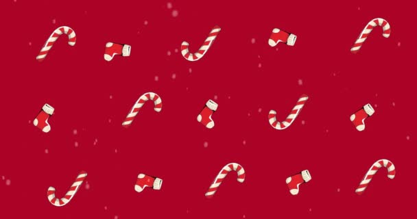 Animation Plusieurs Chaussettes Cannes Bonbons Sur Fond Rouge Noël Hiver — Video