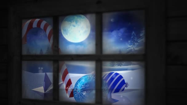 Віконна Рамка Тлі Снігу Падає Над Цукерковою Тростиною Валиком Зірковими — стокове відео