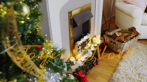 Animazione Joyeux Noel Testo Sopra Decorazioni Natalizie Natale Tradizione Concetto — Video Stock