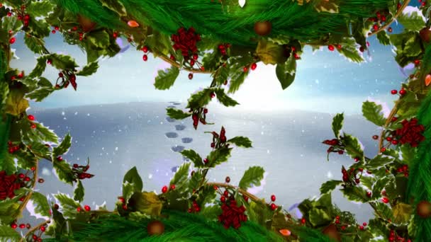 Анимация Трасс Снега Падающих Над Зимними Пейзажами Рождество Традиции Концепция — стоковое видео