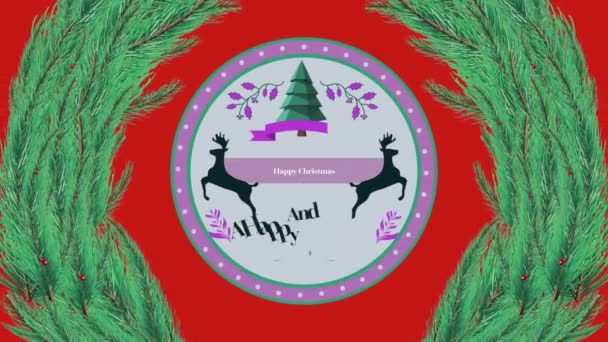 Animatie Van Kerstgroeten Tag Krans Rode Achtergrond Kerstmis Winter Traditie — Stockvideo