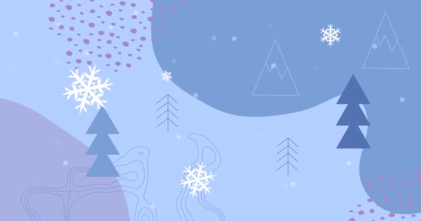 Animazione Alberi Natale Sopra Neve Che Cade Sfondo Blu Natale — Video Stock