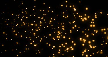 Siyah zemin üzerinde hipnotik hareketler yapan birden fazla parıldayan altın ışık noktası görüntüsü. Işık ve hareket kavramı dijital olarak oluşturuldu.