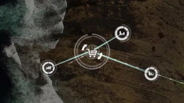 Deniz manzarası üzerindeki simgelerle bağlantı ağının animasyonu. küresel sosyal medya ve iletişim konsepti dijital olarak oluşturulmuş video.