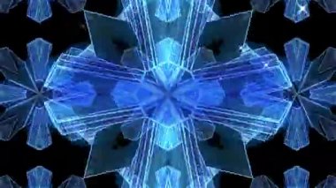 Siyah arkaplan üzerinde parıldayan kaleydoskopik şekillerin canlandırması. Video oyunu, eğlence ve dijital arayüz kavramı dijital olarak oluşturuldu.