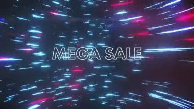 Siyah arka plandaki pembe ve mavi ışıkların üzerinde beyaz ve altın renkli metinlerle mega satışın animasyonu. dijital arayüz, çevrimiçi alışveriş ve perakende konsepti dijital olarak oluşturulmuş video.