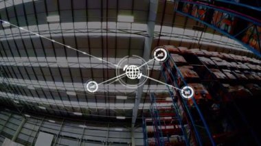 Deponun üzerindeki simgelerle bağlantı ağının animasyonu. küresel çevrimiçi alışveriş, gönderme ve bağlantılar konsepti dijital olarak oluşturulmuş video.