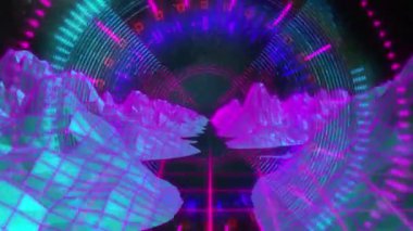 Siyah arkaplan üzerinde parlayan, hareket eden kaleydoskopik şekillerin ve manzaranın animasyonu. Video oyunu, eğlence ve dijital arayüz kavramı dijital olarak oluşturuldu.