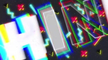 Siyah arkaplanda hareket eden renkli şekilli beyaz ve renkli metinlerle parlaklığın animasyonu. dijital arayüz ve sosyal medya mesajlaşma kavramı dijital olarak oluşturulmuş video.