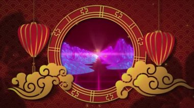 Dijital manzara üzerinde kırmızı ve altın lambaların animasyonu. Çin Yeni Yılı, Zodyak tabelası, gelenek ve kutlama konsepti dijital olarak oluşturuldu.