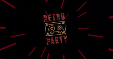 Neon parti zamanı animasyonu ve siyah arka planda retro kaset. Klasik müzik, eğlence ve parti konsepti dijital olarak oluşturulmuş video.
