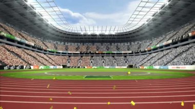 Spor stadyumunun üzerine düşen konfeti animasyonu. spor, kutlama ve yarışma konsepti dijital olarak oluşturulmuş video.
