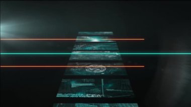 Siyah arkaplan üzerindeki renkli çizgilerin ve ekranların animasyonu. Video oyunu, eğlence ve dijital arayüz kavramı dijital olarak oluşturuldu.