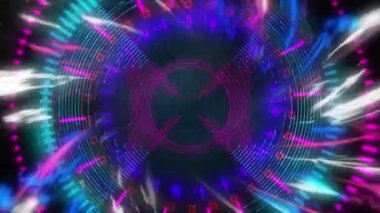 Siyah arkaplan üzerinde parıldayan kaleydoskopik şekillerin canlandırması. Video oyunu, eğlence ve dijital arayüz kavramı dijital olarak oluşturuldu.