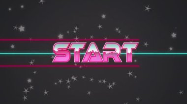 Geometrik hareketli şekiller ve yıldızların başlangıç metninin canlandırması. Video oyunu, eğlence ve dijital arayüz kavramı dijital olarak oluşturuldu.