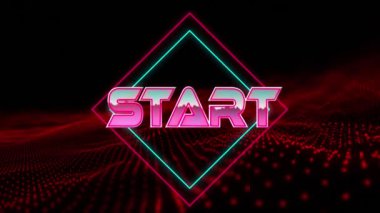 Geometrik hareketli şekiller ve dalgalar üzerinde başlangıç metninin canlandırması. Video oyunu, eğlence ve dijital arayüz kavramı dijital olarak oluşturuldu.