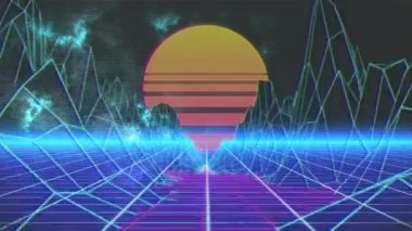 Dijital manzaranın ve ızgaranın üzerindeki güneşin animasyonu. Video oyunu, eğlence ve dijital arayüz kavramı dijital olarak oluşturuldu.