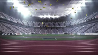 Spor stadyumunun üzerine düşen konfeti animasyonu. spor, kutlama ve yarışma konsepti dijital olarak oluşturulmuş video.
