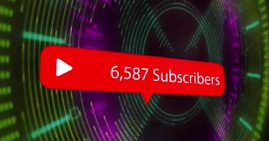 Sosyal medya abonelerinin animasyon metinleri neon taraması üzerinden. küresel iletişim, sosyal medya, bağlantılar ve dijital arayüz konsepti dijital olarak oluşturulmuş video.