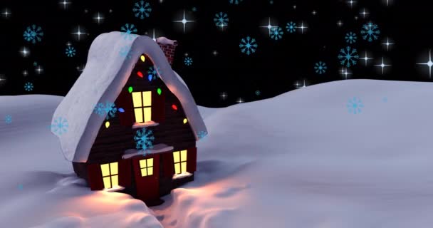Κινούμενο Χιόνι Πέφτει Στο Χειμερινό Τοπίο Σπίτι Χριστούγεννα Παράδοση Και — Αρχείο Βίντεο