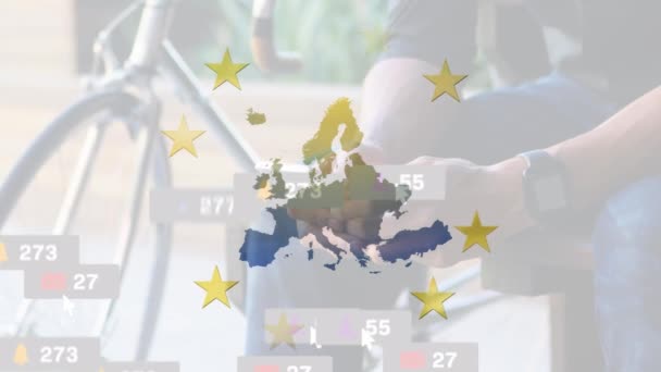 Animação Ícones Mídia Social Bandeira União Europeia Mapa Europa Sobre — Vídeo de Stock