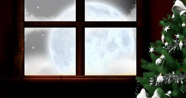Santa Claus Renos Volando Sobre Luna Vista Ventana Navidad Invierno — Vídeos de Stock