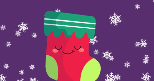 圣诞节的动画 微笑的圣诞长袜和雪花飘落在紫色的背景上 圣诞节 传统和庆祝概念数字制作的视频 — 图库视频影像