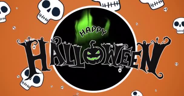 Animação Texto Halloween Feliz Sobre Crânios Caindo Halloween Tradição Celebração — Vídeo de Stock