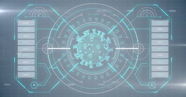 Makro koronavirüs Covid-19 hücresinin görüntüsü tıbbi bilgi kaydı olan bir ekranda analiz edildi. Küresel tıp Coronavirüs Covid 19 salgın konsepti dijital olarak oluşturulmuş görüntü.
