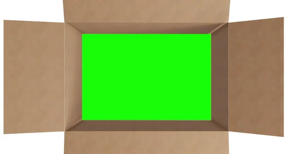 绿色屏幕的头顶在褐色纸板箱上 盖子盖在白色背景上 准备装运或运输的包装箱 — 图库照片