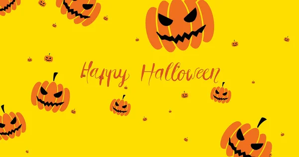 Imagem Saudações Halloween Abóboras Flutuantes Fundo Amarelo Halloween Tradição Celebração — Fotografia de Stock