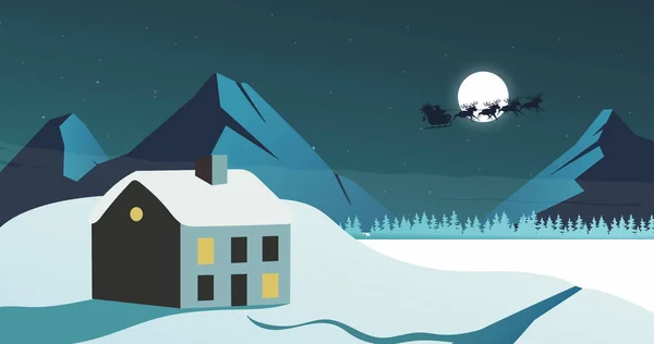 House Silhouette Santa Clause Sleigh Reindeer Flying Moon Snowy Landscape — Stock Photo, Image
