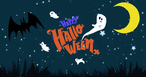 Imagen Feliz Texto Halloween Sobre Murciélago Fantasma Cielo Nocturno Halloween —  Fotos de Stock