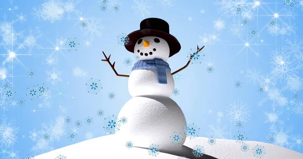 Bild Von Fallenden Schneeflocken Über Schneemann Der Winterlandschaft Weihnachten Tradition — Stockfoto