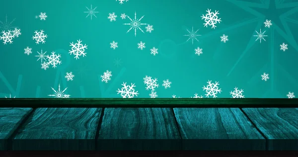 Immagine Caduta Fiocchi Neve Sfondo Blu Pavimento Legno Natale Tradizione — Foto Stock
