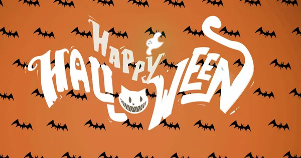 Immagine Felice Testo Halloween Pipistrelli Neri Sfondo Arancione Halloween Tradizione — Foto Stock