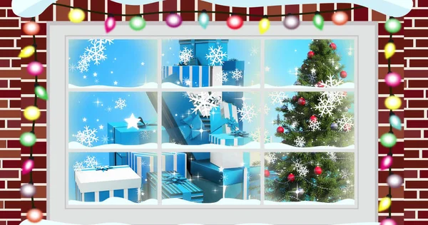Wizerunek Choinki Prezentów Widzianych Przez Okno Boże Narodzenie Zima Tradycja — Zdjęcie stockowe