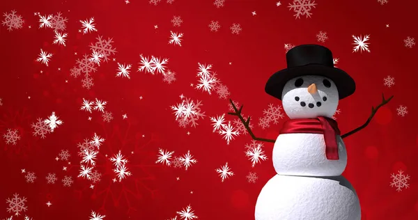 Bild Von Weihnachten Schnee Fällt Über Schneemann Auf Rotem Hintergrund — Stockfoto