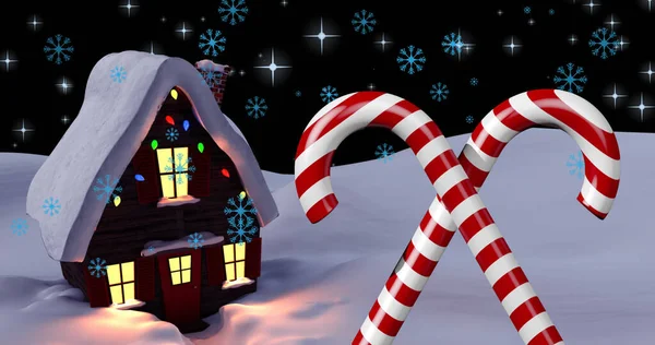 Bild Von Schnee Fallen Über Weihnachten Zuckerstangen Und Haus Auf — Stockfoto