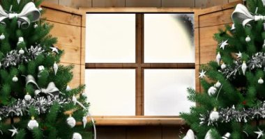 Noel Baba ve ren geyikleri ayın üzerinde uçuyor, pencere manzaralı. Noel, kış, gelenek ve kutlama konsepti dijital olarak oluşturulmuş video.