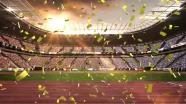 Spor stadyumunun üzerine düşen konfeti animasyonu. spor, kutlama ve yarışma konsepti dijital olarak oluşturulmuş video.