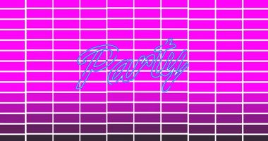 Pembe işaretli arka plan üzerinde mor daire şeklinde parti metninin animasyonu. Klasik müzik, eğlence ve parti konsepti dijital olarak oluşturulmuş video.