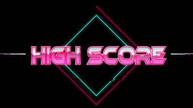 Geometrik hareketli şekiller ve havai fişekler üzerine yüksek skorlu metin animasyonu. Video oyunu, eğlence ve dijital arayüz kavramı dijital olarak oluşturuldu.