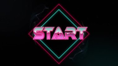 Geometrik hareketli şekiller üzerinde başlangıç metninin canlandırması. Video oyunu, eğlence ve dijital arayüz kavramı dijital olarak oluşturuldu.