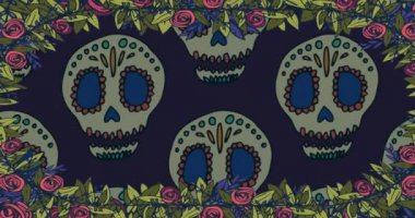 Çiçek çerçevesindeki dekoratif kafatasları üzerinde dia de los muertos animasyonu. Latin bayramı, gelenekler ve gümrük konsepti dijital olarak oluşturulmuş video.