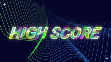 Yeşil hareketli çizgiler üzerinden yüksek skorlu metin animasyonu. Video oyunu, eğlence ve dijital arayüz kavramı dijital olarak oluşturuldu.