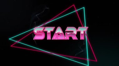 Geometrik hareketli şekiller üzerinde başlangıç metninin canlandırması. Video oyunu, eğlence ve dijital arayüz kavramı dijital olarak oluşturuldu.